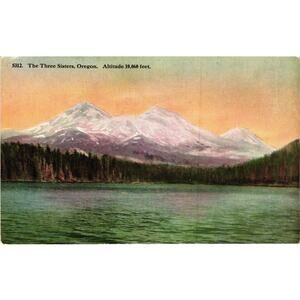 Three Sisters Oregon Vintage Postcard Cascade Mountains Snow Peaks‎ and Lake